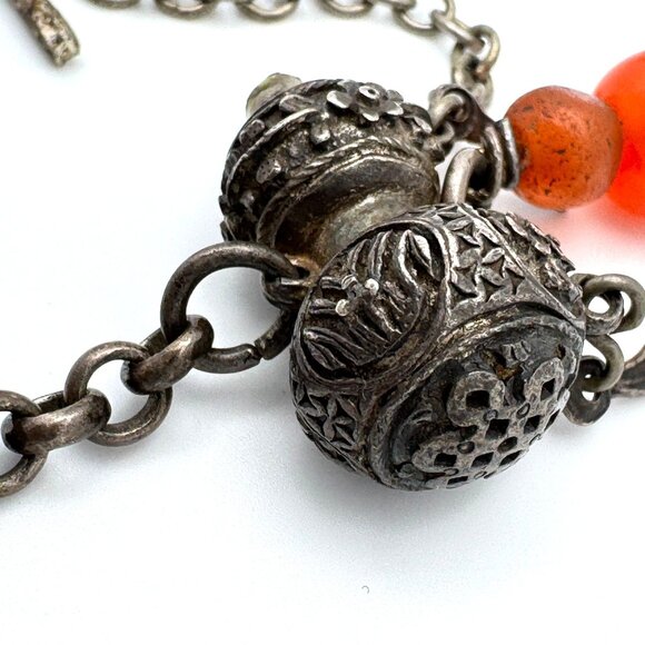 Qing Antique Chinese Silver Gourd Snuff Bottle Charm Coral Adornment Chain 20 g - Picture 10 of 16
